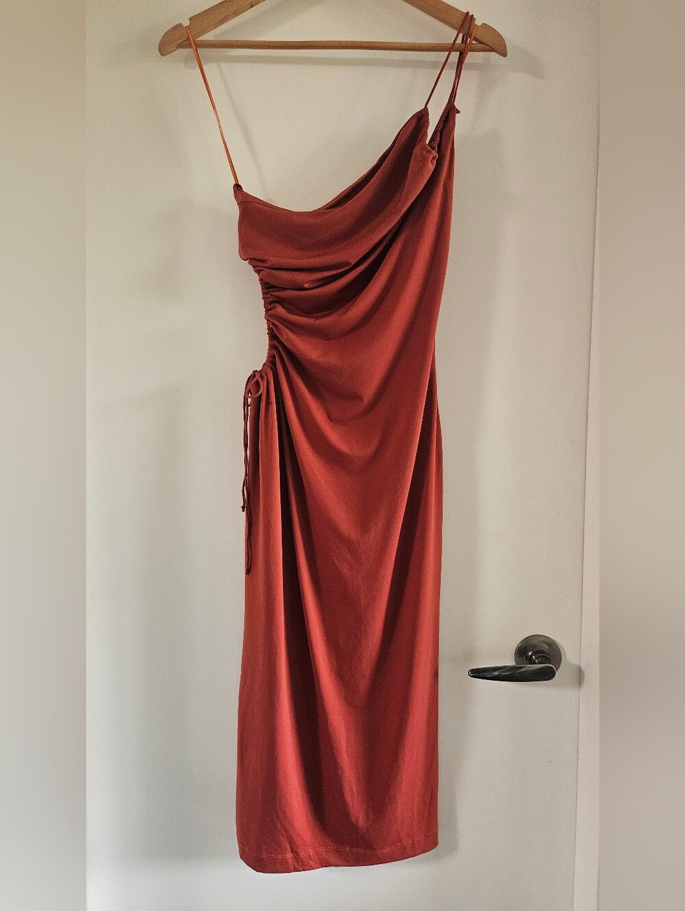Dynamite Rust-Red Asymmetrical Ruched Slip Dress